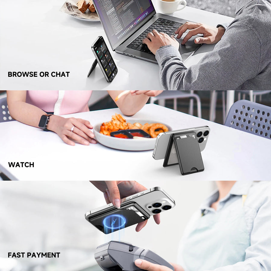 Collage of people using a smartphone with a stand in various settings.