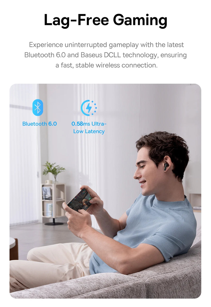 Man using a smartphone with lag-free gaming text and technology details on a white background