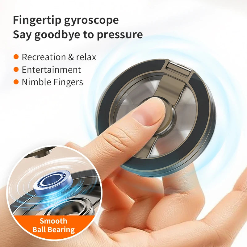 Hand holding double-sided MagSafe phone holder ring with text about uses and features