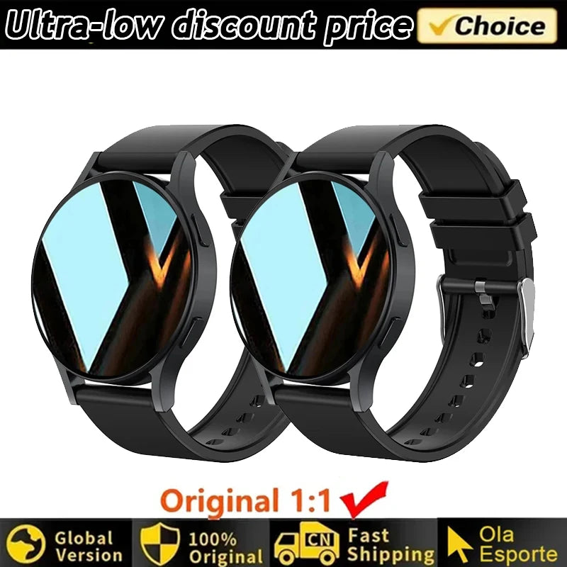 Two black Women's Smart Watch 6 smartwatches with discount label and brand logos on white background