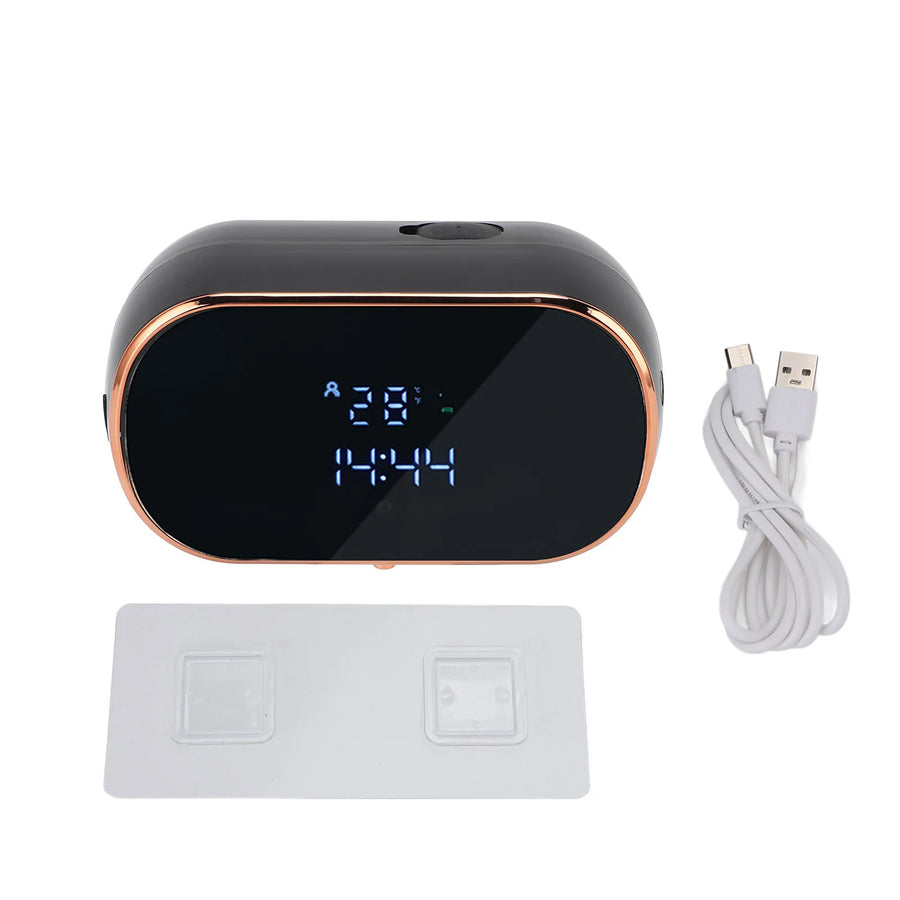 Black automatic foaming soap dispenser with white base, digital display and USB cable — touchless wall-mounted