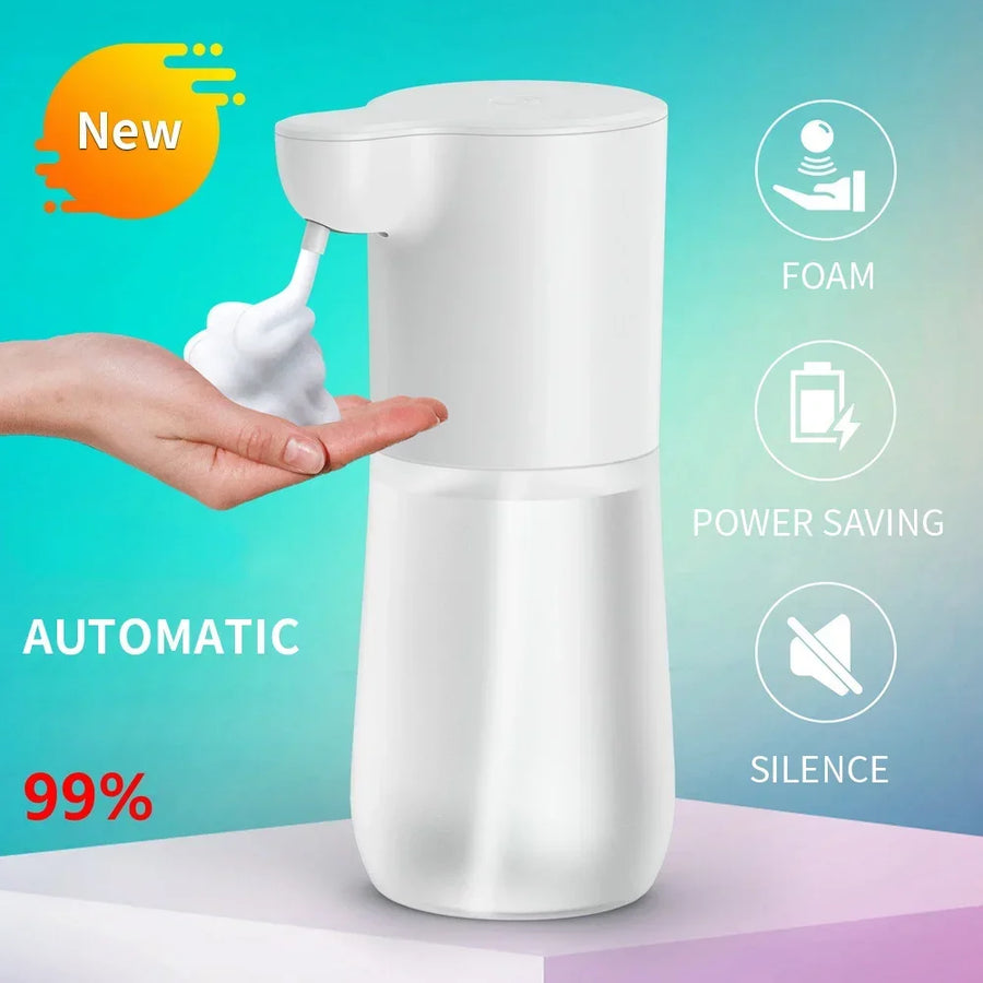 Automatic foam soap dispenser feature graphic highlighting foam, power saving and silent operation, hand holding rich foam