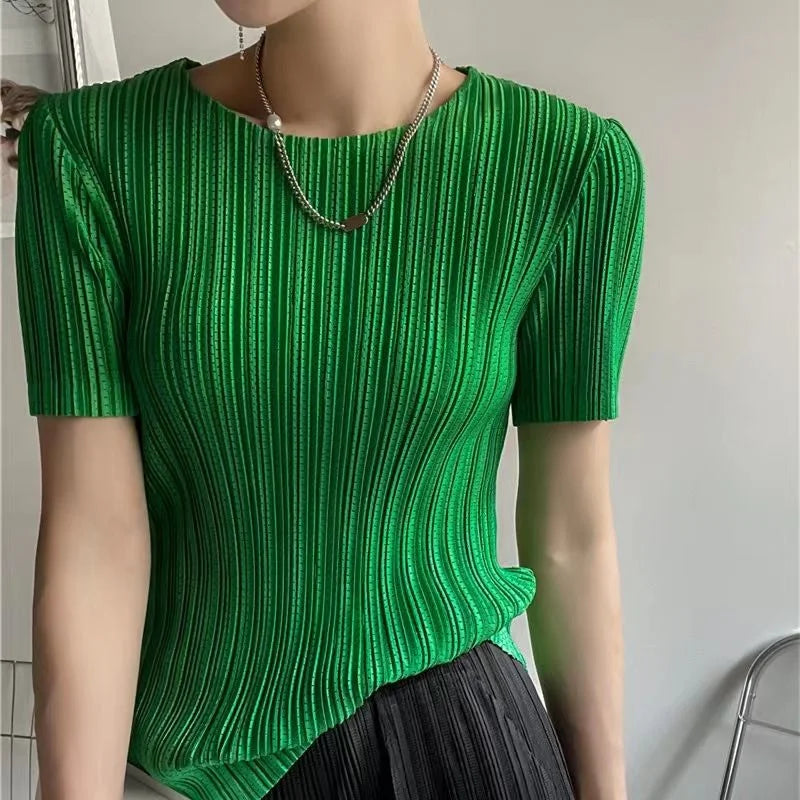 Women's white pleated short sleeve blouse, O-neck casual top