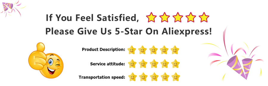 Five-star rating request with emoji and celebratory elements on a white background