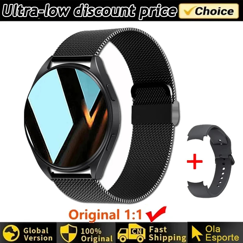Women's Smart Watch 6 with black mesh band on white background with promotional text