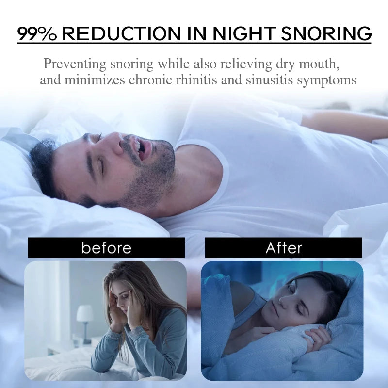 Advertisement showing a man snoring, a woman with a dry mouth, and a comparison before and after using a product to reduce night snoring.