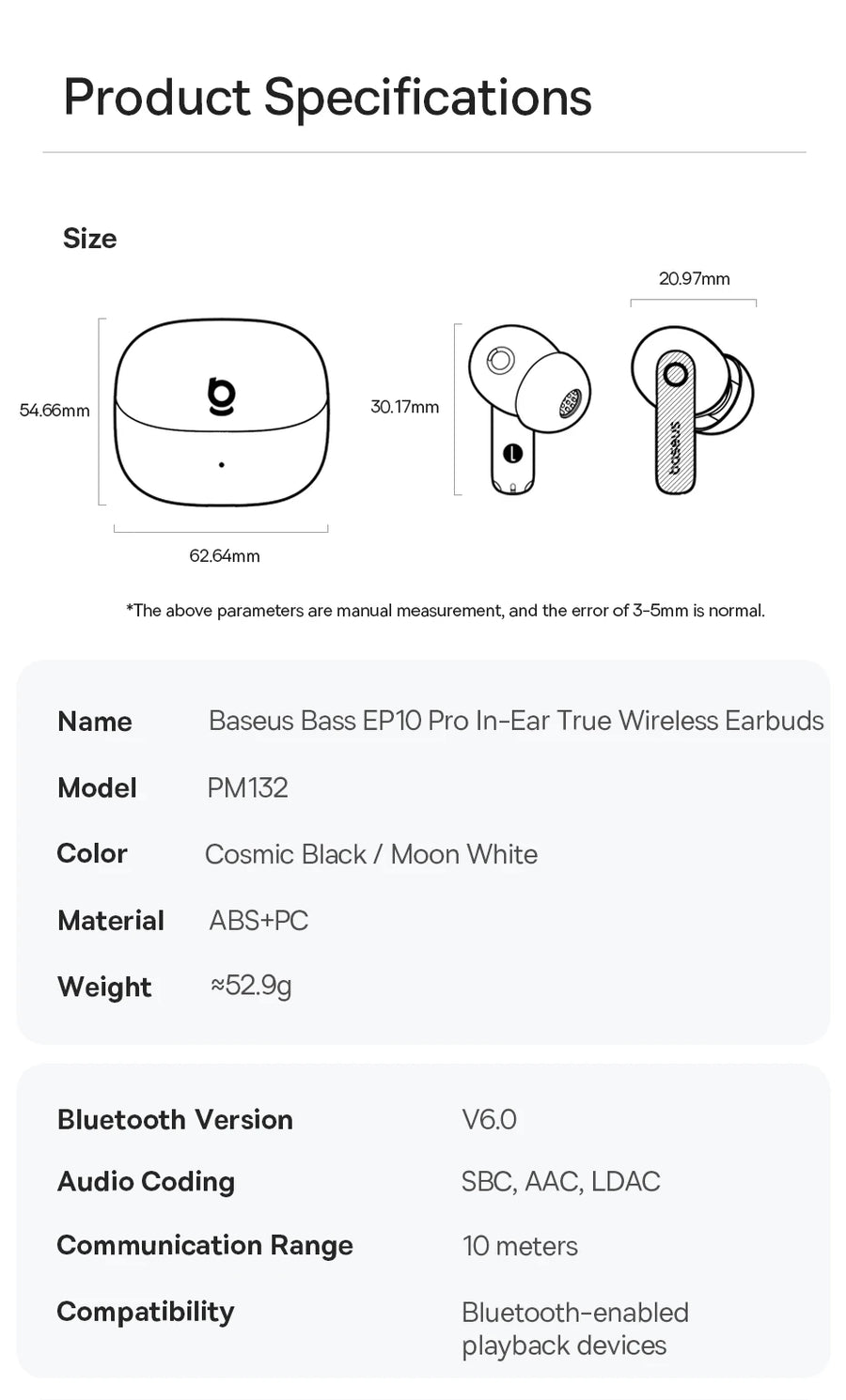 Product specifications of Baseus Bass EP10 Pro in-ear wireless earbuds on a white background.