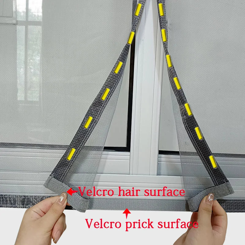 Window screen with velcro hair and prick surfaces labeled, held by hands.