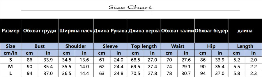 Size chart table with bust, shoulder, sleeve, waist, hip and length measurements in cm and inches for sizes S, M and L