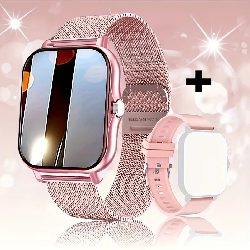 Rose gold smartwatch with mesh band on a sparkling background