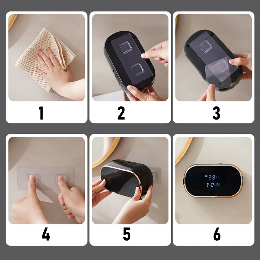 Wall-mounted automatic foaming soap dispenser installation steps — adhesive wall mount, no drilling required