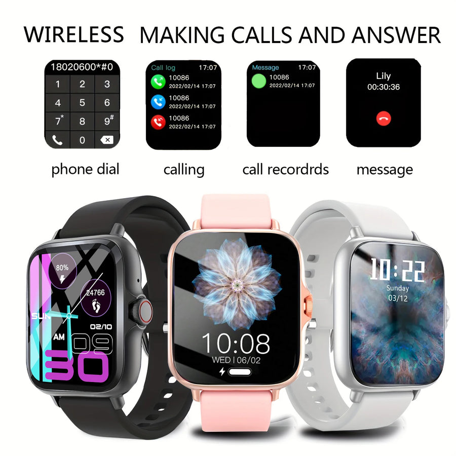 Smartwatch with various functions displayed on a white background