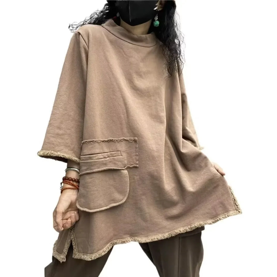 Womens plus size long sleeve top in light coffee, loose fit casual t-shirt product shot on white background
