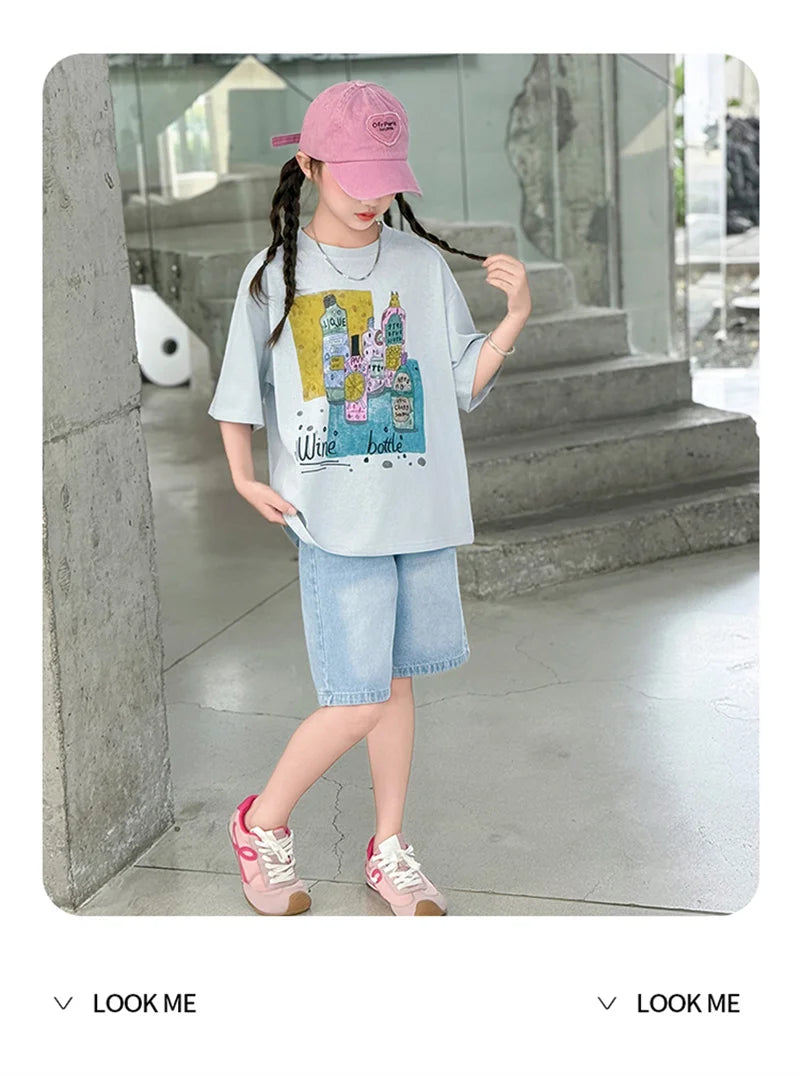 Girls Summer Outfit Set – Print T-Shirt + Shorts (Ages 5-14)