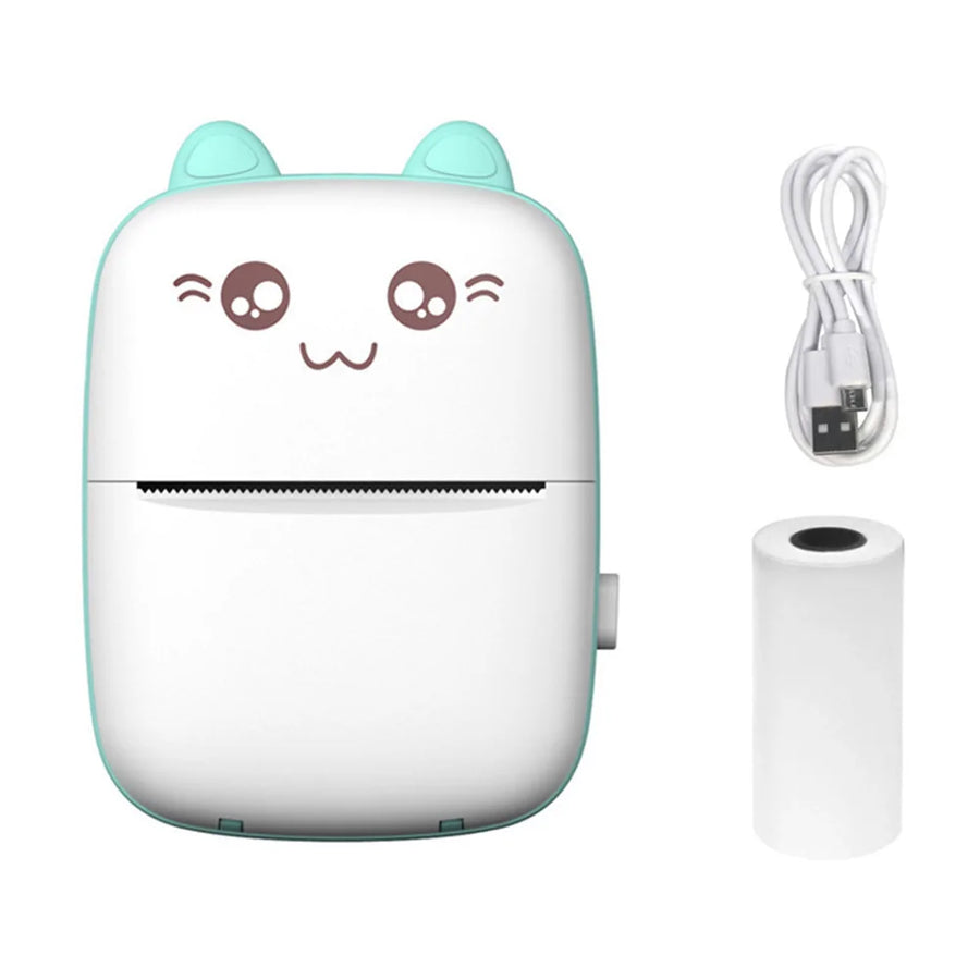 Cute cartoon-style mini Bluetooth thermal label printer with USB cable and paper container on white background