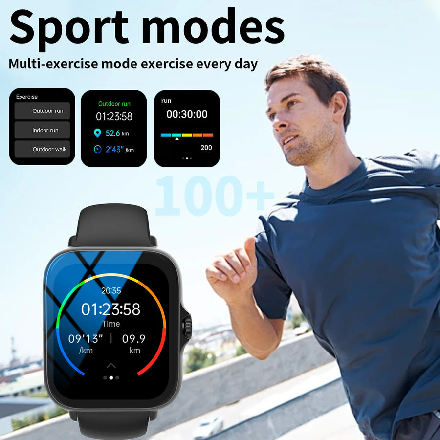 Smartwatch with exercise modes displayed on screen, next to a person exercising outdoors.
