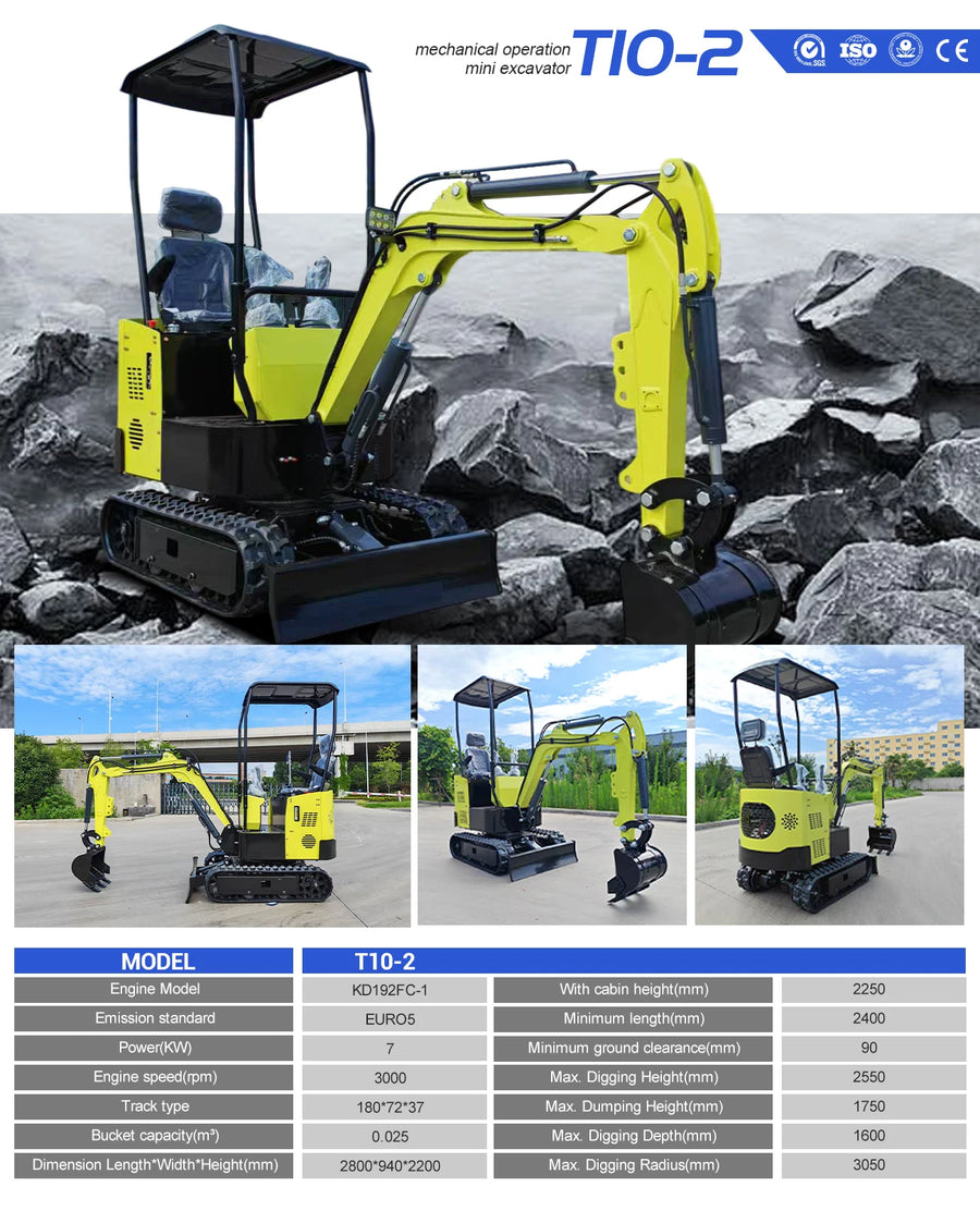 1.8 ton mini excavator – yellow and black T10-2 model outdoors among rocks, with smaller side-view photos