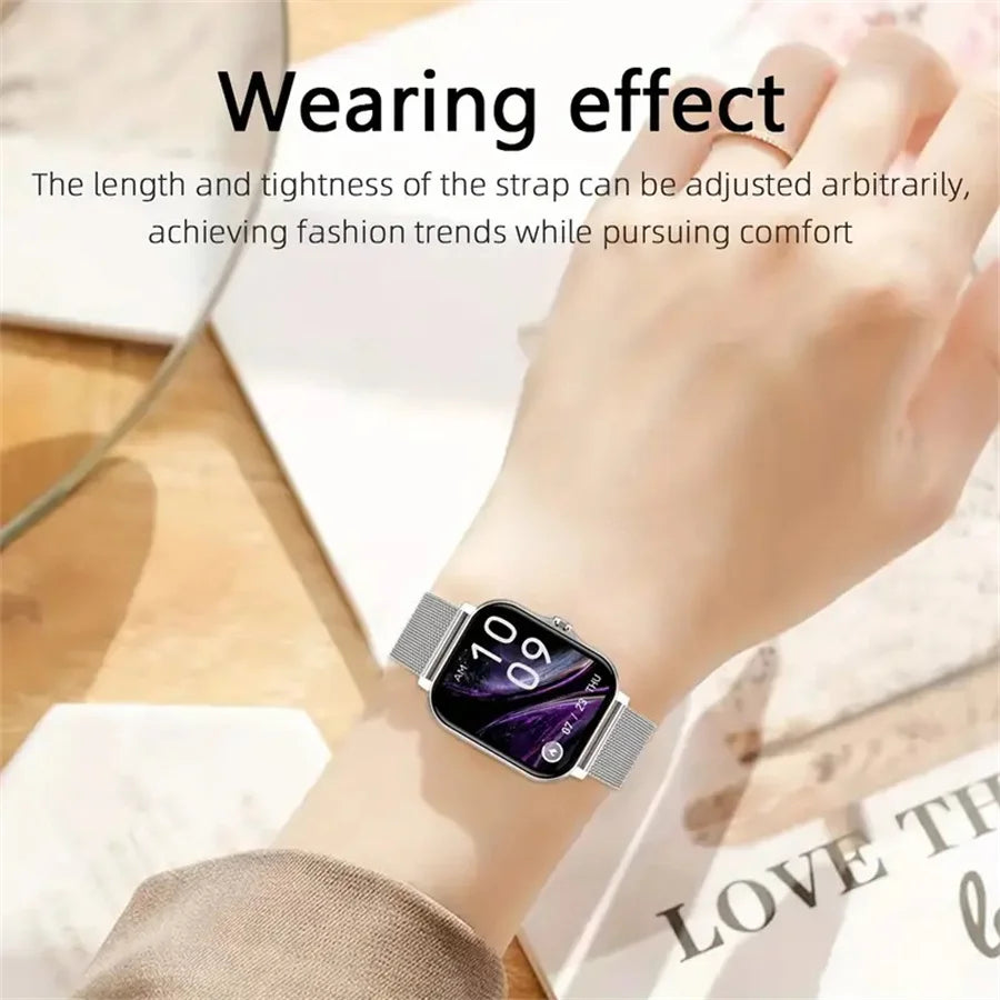 Smartwatch on a wrist with text about strap adjustability