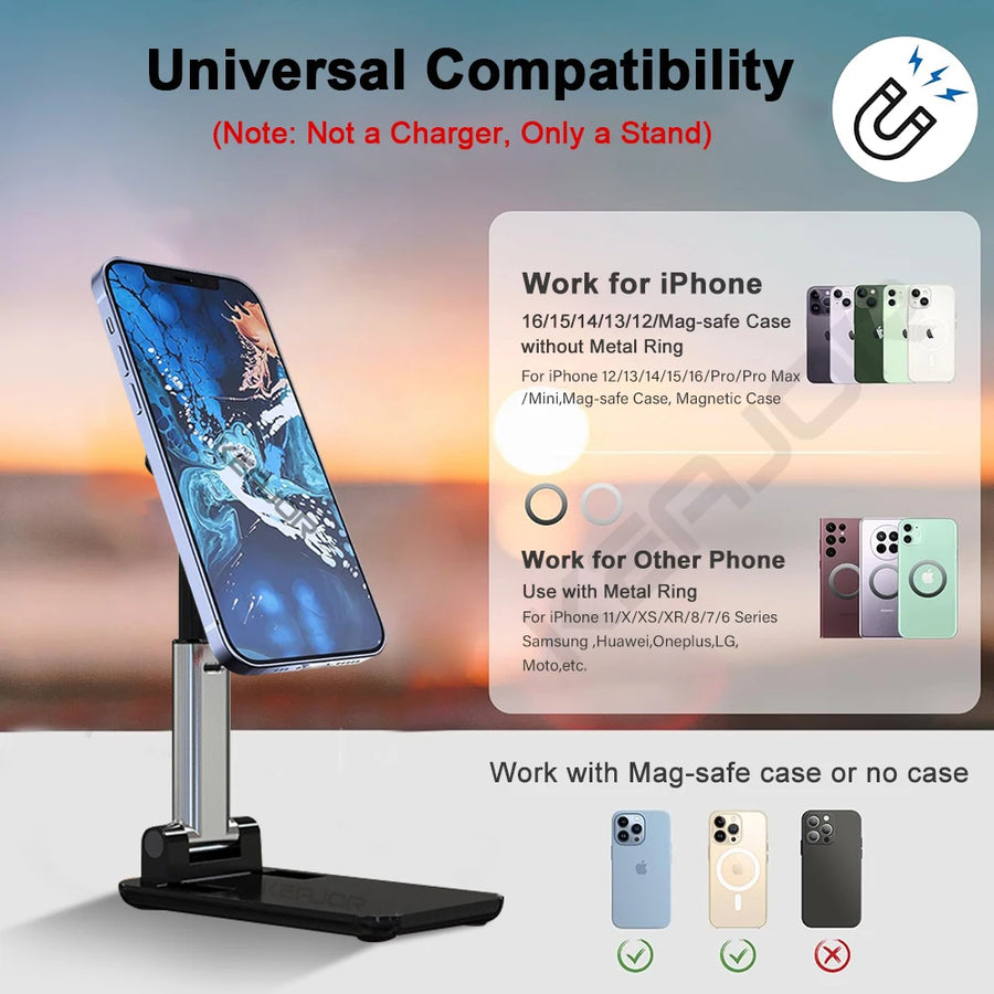 Phone stand with compatibility information for various phone models on a blurred background