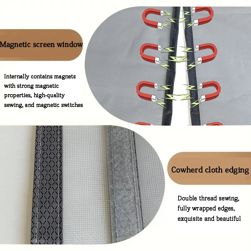 Magnetic screen window with cowhide cloth edging, showing magnets, sewing details, and text descriptions.
