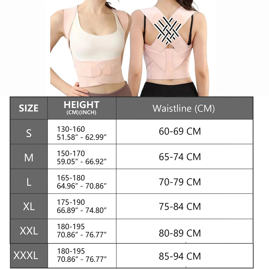Posture corrector for men and women – adjustable back brace size guide with height and waistline chart