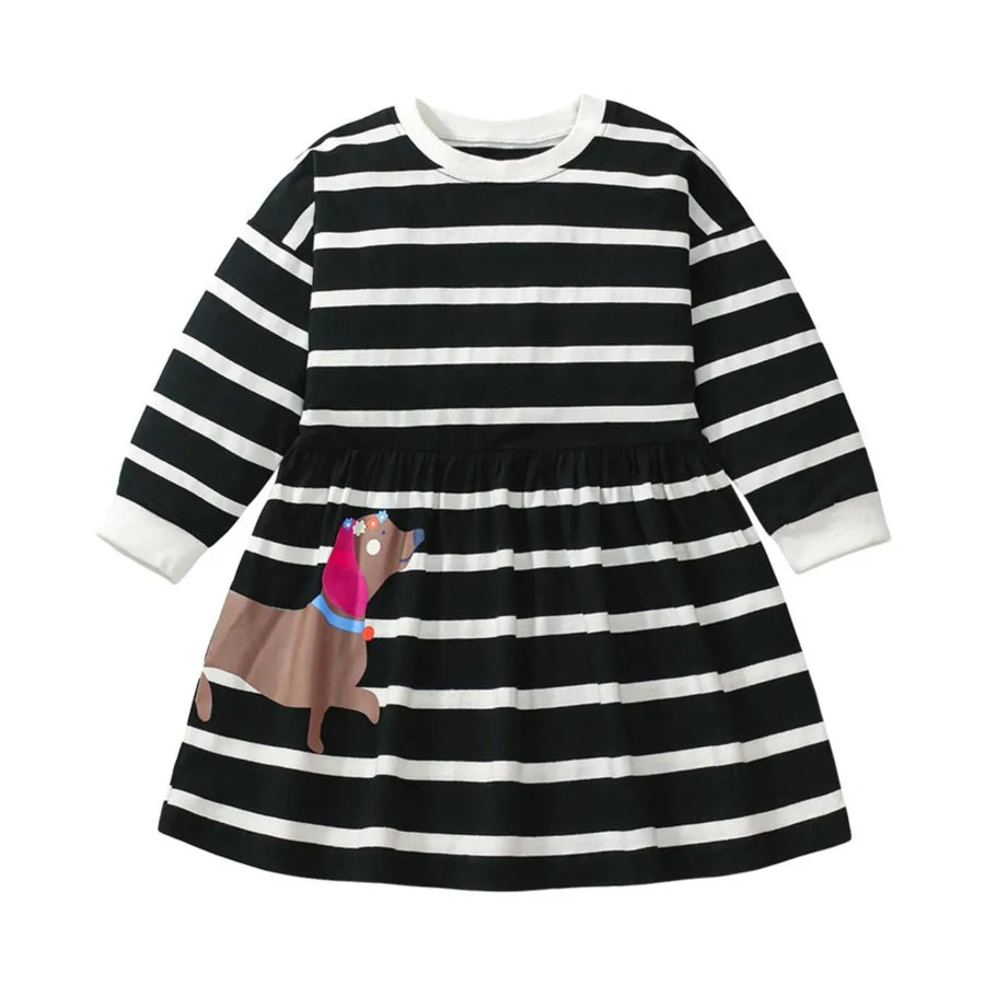 Baby Girls Long-Sleeve Dress – Cotton Striped Cartoon for Autumn/Spring