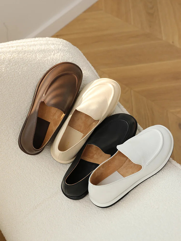 Women's Genuine Leather Loafers – Round Toe Slip-On Flat Shoes