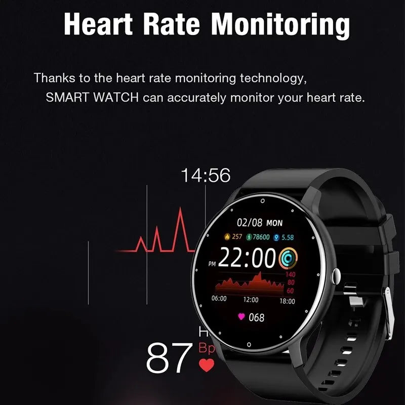 Smartwatch with heart rate monitoring display on black background