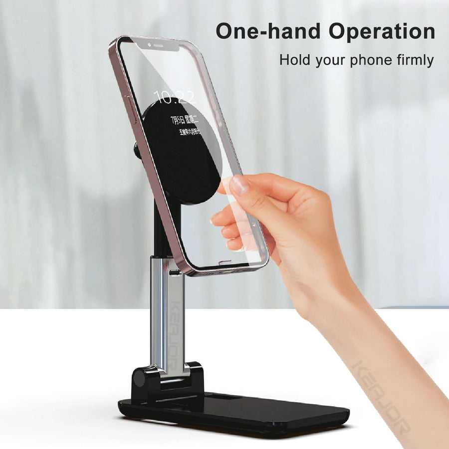Hand using a phone stand with text 'One-hand Operation Hold your phone firmly' on a light background