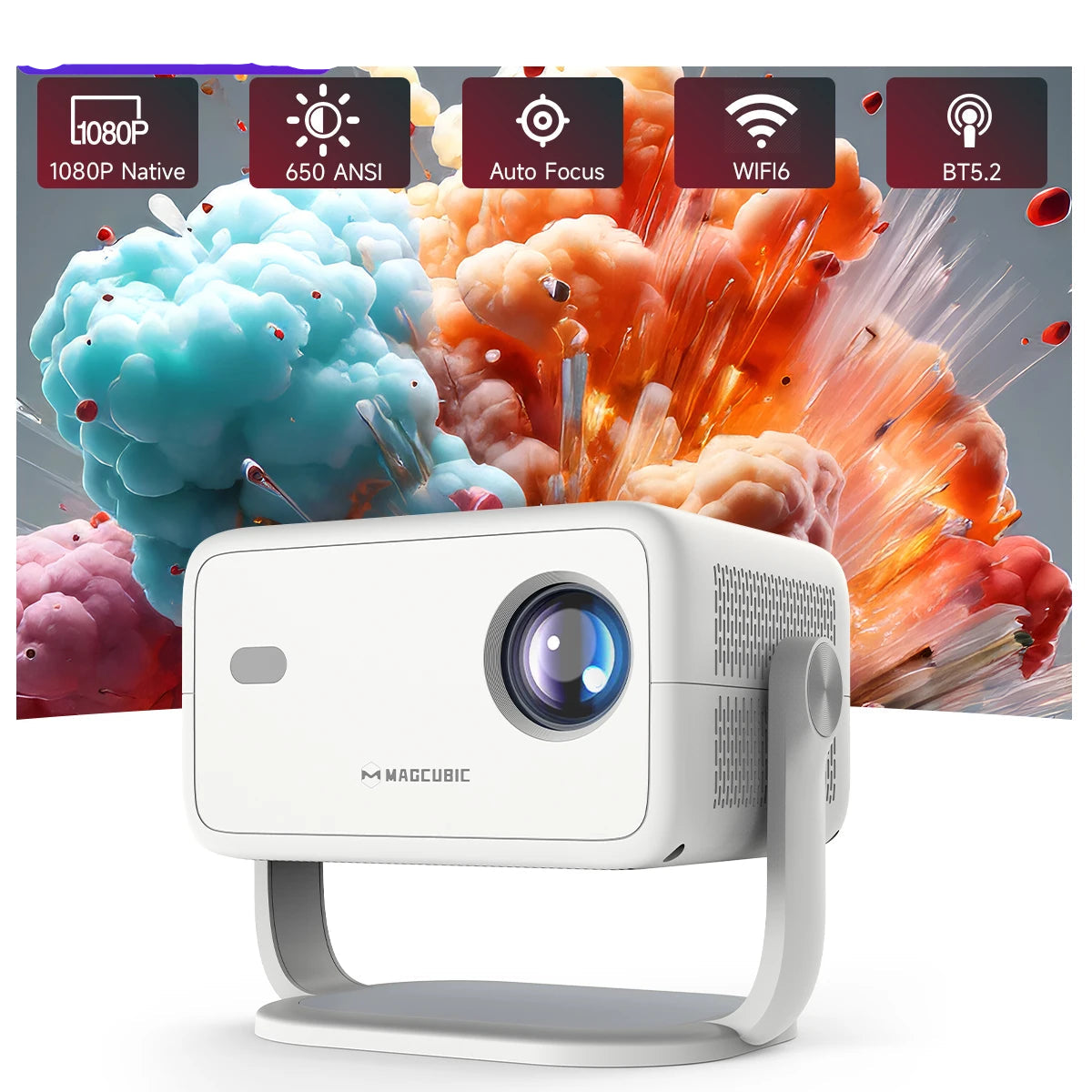 White projector with colorful abstract background and Magcubic branding