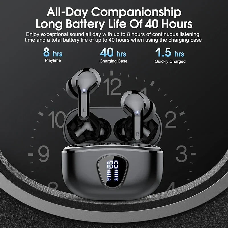 Wireless earbuds with charging case on a black background with battery life information.