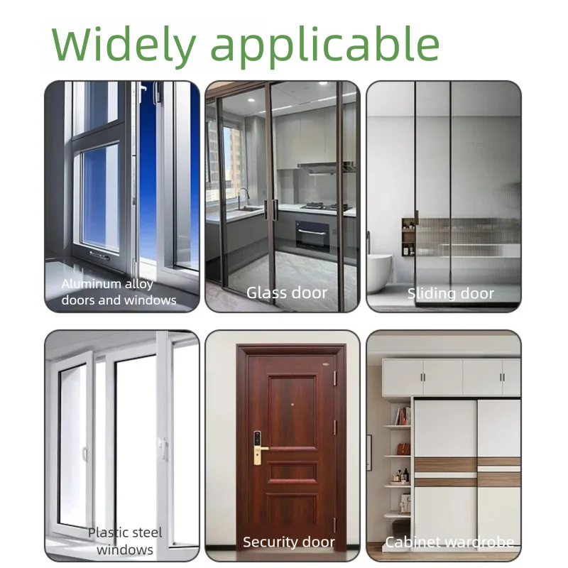 Collage of various types of doors including aluminum alloy, glass, sliding, plastic steel, security, and cabinet doors with text 'Widely applicable'.