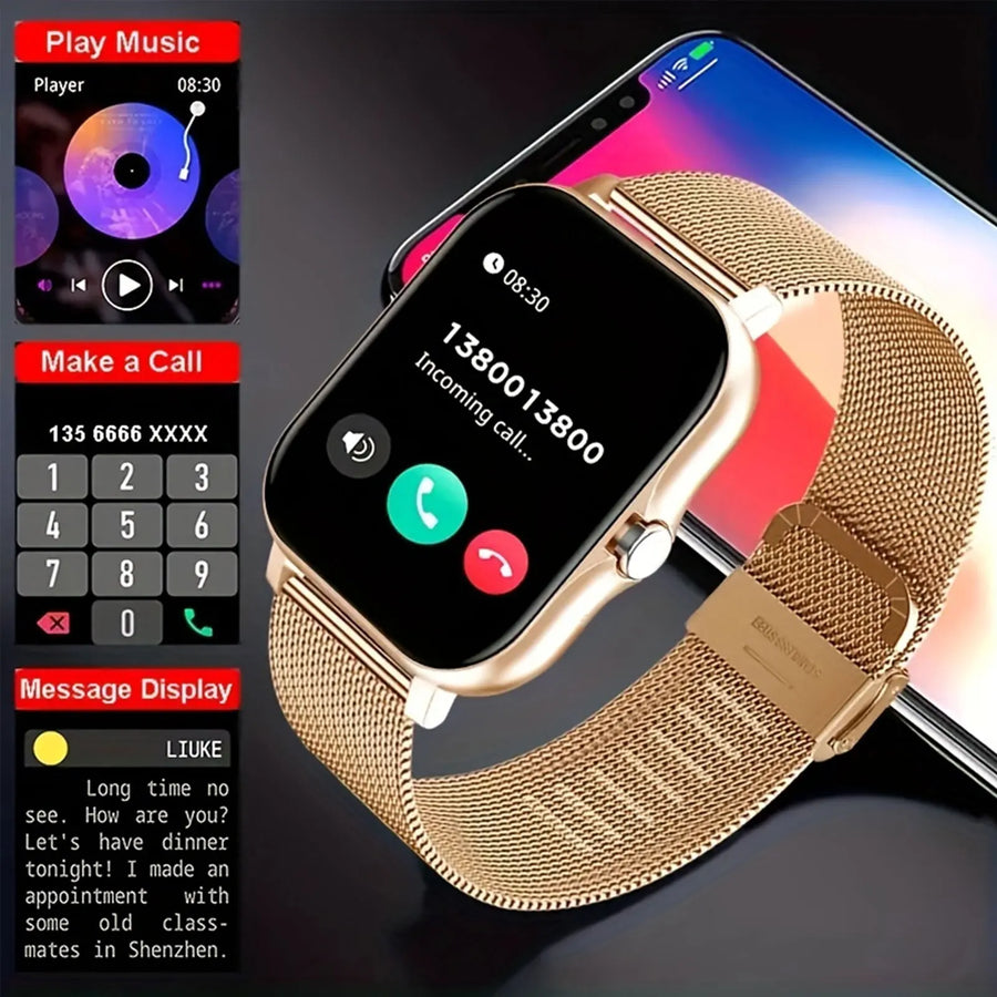 Gold smartwatch with mesh band showing an incoming call, with music, call, and message feature panels.