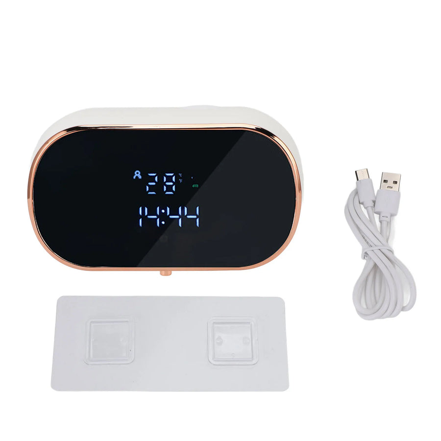 Black automatic foaming soap dispenser with digital display and USB charging cable — touchless wall-mounted, USB rechargeable