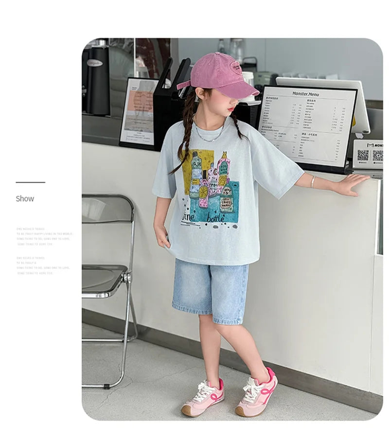 Girls Summer Outfit Set – Print T-Shirt + Shorts (Ages 5-14)