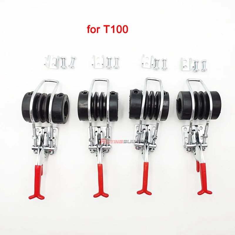 Four DJI Agras spray drone transport fixing clips with black rubber rollers, silver spring-loaded metal clamps and red handles arranged in a row on white background
