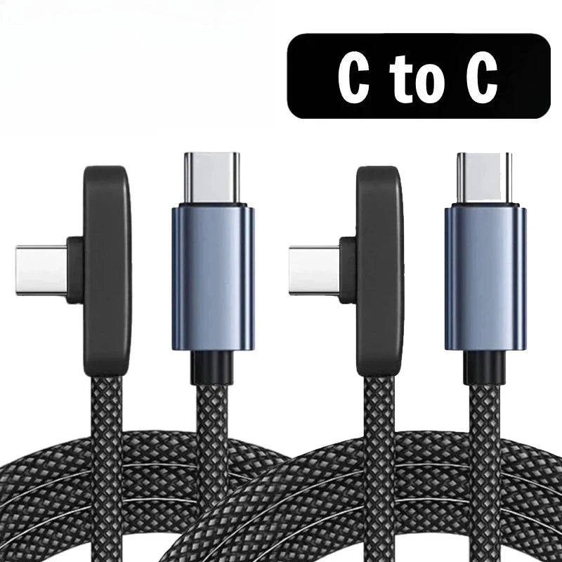 Two black braided USB-C to USB-C charging cables shown from the connector ends on a white background, with a black label at the top reading 'C to C'.