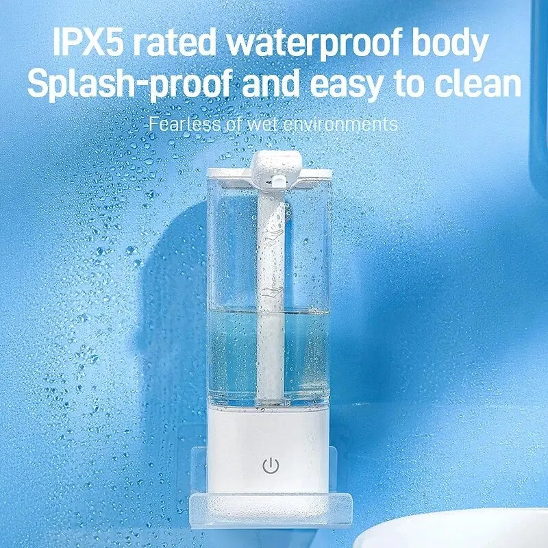 IPX5 waterproof automatic hand sanitizer dispenser with splash-proof body, water droplets on transparent tank