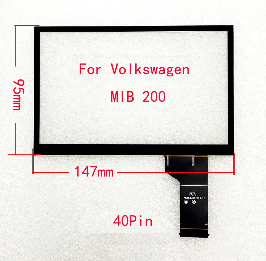 Display screen with dimensions and specifications for Volkswagen MIB 200 on a white background