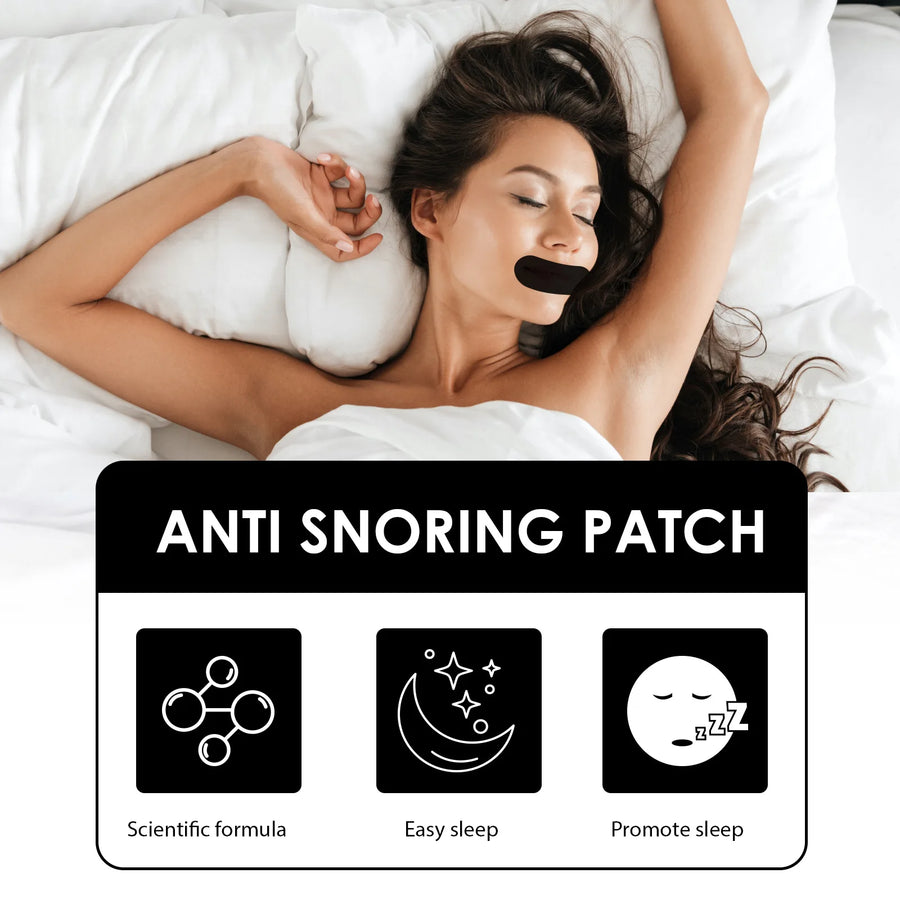 Woman sleeping peacefully with a black anti-snoring mouth tape strip over her lips