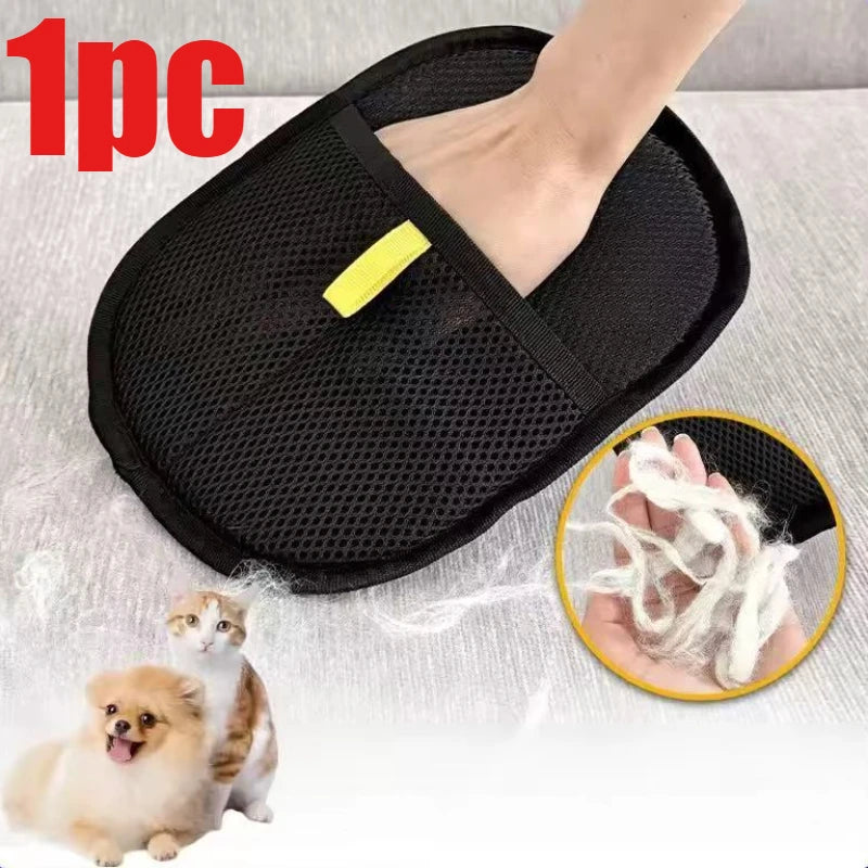 Pet hair remover mitt, 1pc – black mesh mitt on hand with collected fur close-up, dog and cat