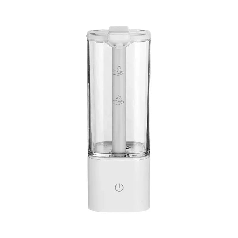 White touchless automatic hand sanitizer dispenser with transparent tank, front view