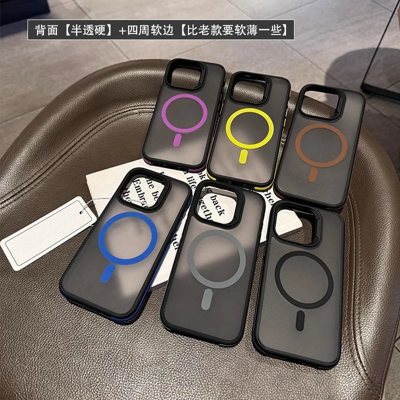 Set of phone cases with colorful magnifying glass designs on a leather surface.