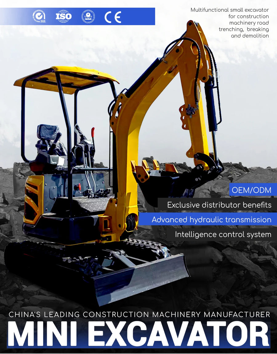 1.8 ton mini excavator – yellow and black crawler digger promotional poster in construction setting