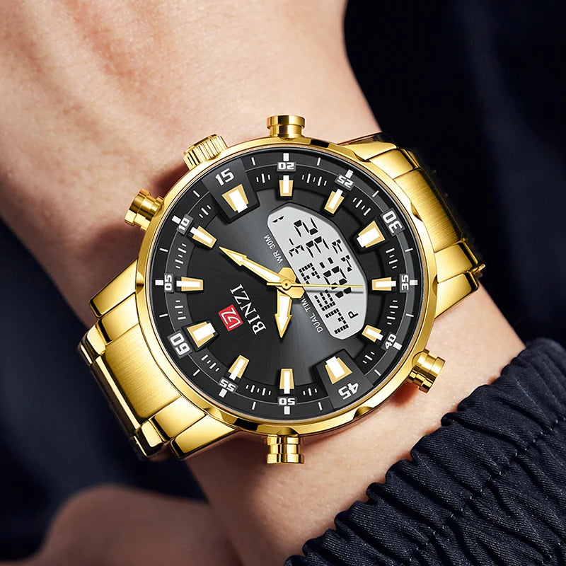 Men's gold dual display watch with black dial worn on wrist, dark background — analog digital quartz wristwatch