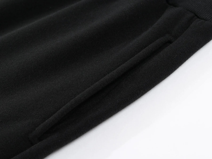 Mens fleece lined jogger sweatpants – close-up of soft black fleece fabric on white background