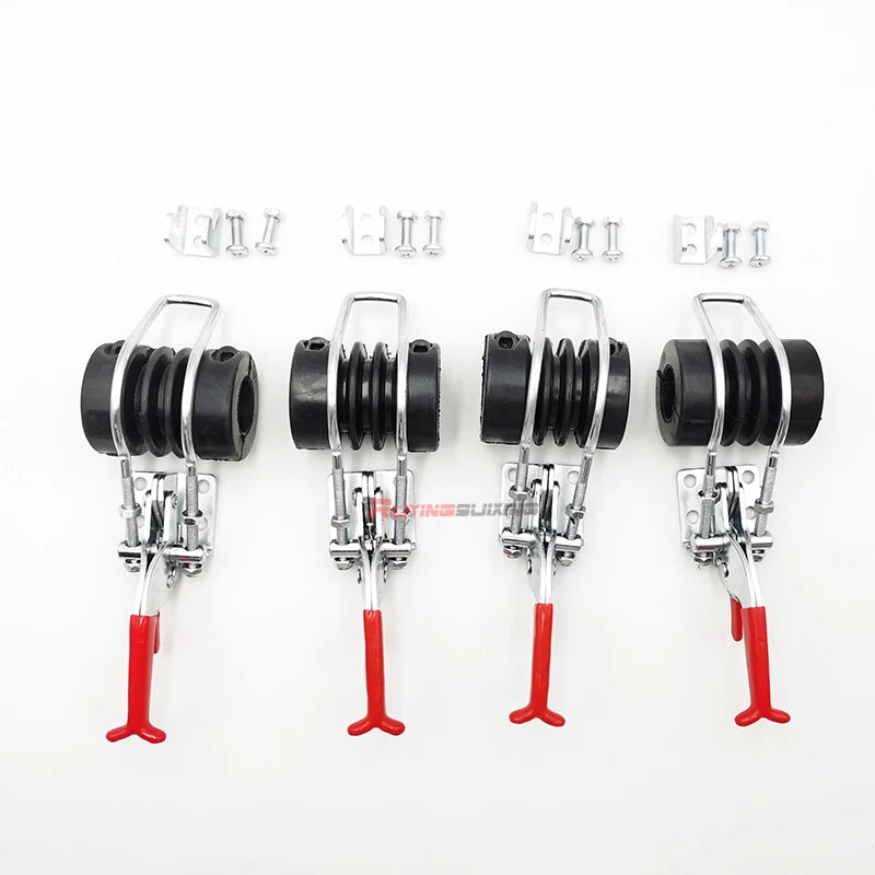 Four identical metal and rubber mounting clamps with red handles are arranged in a row on a white background, with small silver mounting hardware pieces placed above each unit.