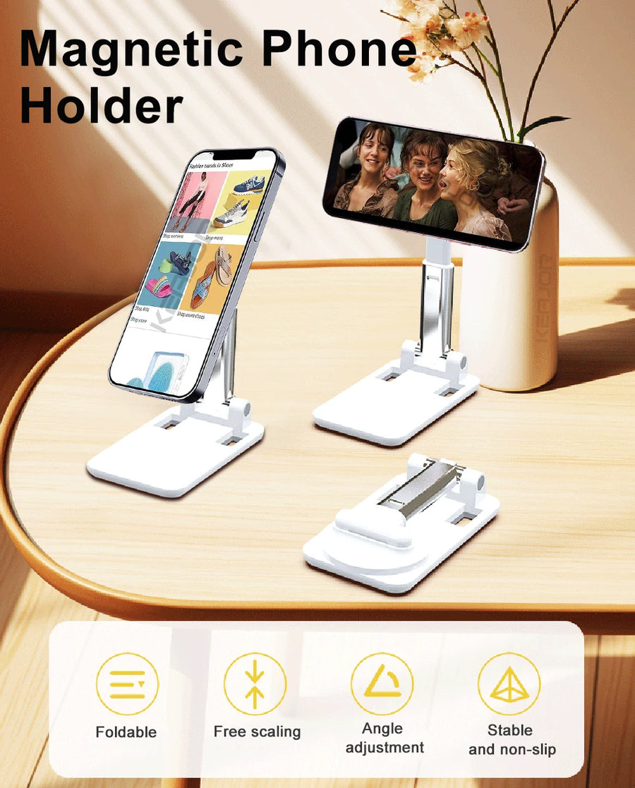 Magnetic phone holder with multiple devices on a wooden surface, featuring foldable, free-scaling, angle adjustment, and stable design.