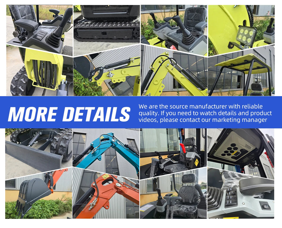 1.8 ton mini excavator – collage of cabins, controls, and attachments detail photos