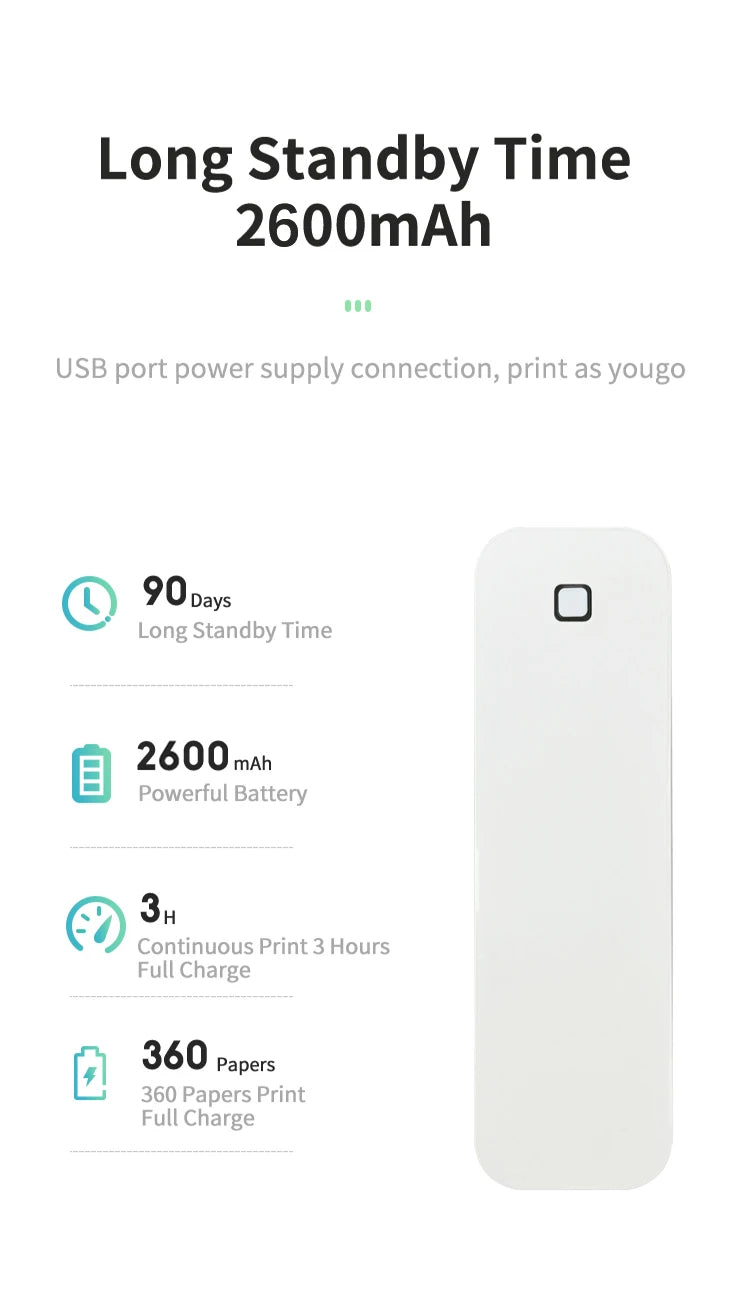 Portable A4 thermal printer with long standby time and battery capacity information — wireless Bluetooth inkless mini printer